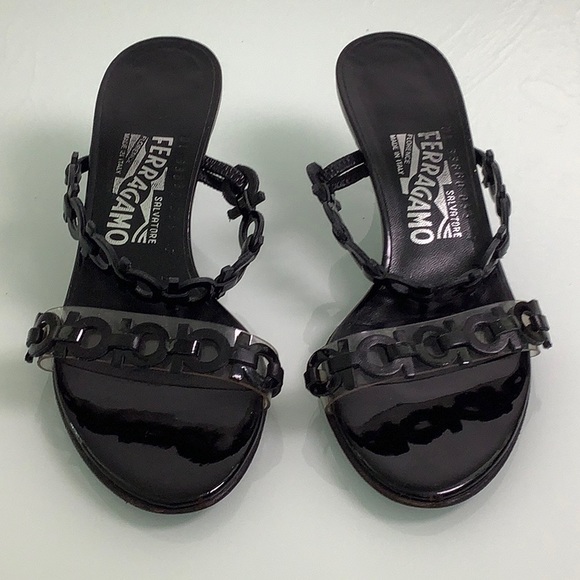 Salvatore Ferragamo kitten heel Leather Patent vinyl strappy sandals SZ 7 B EUC - Picture 4 of 16